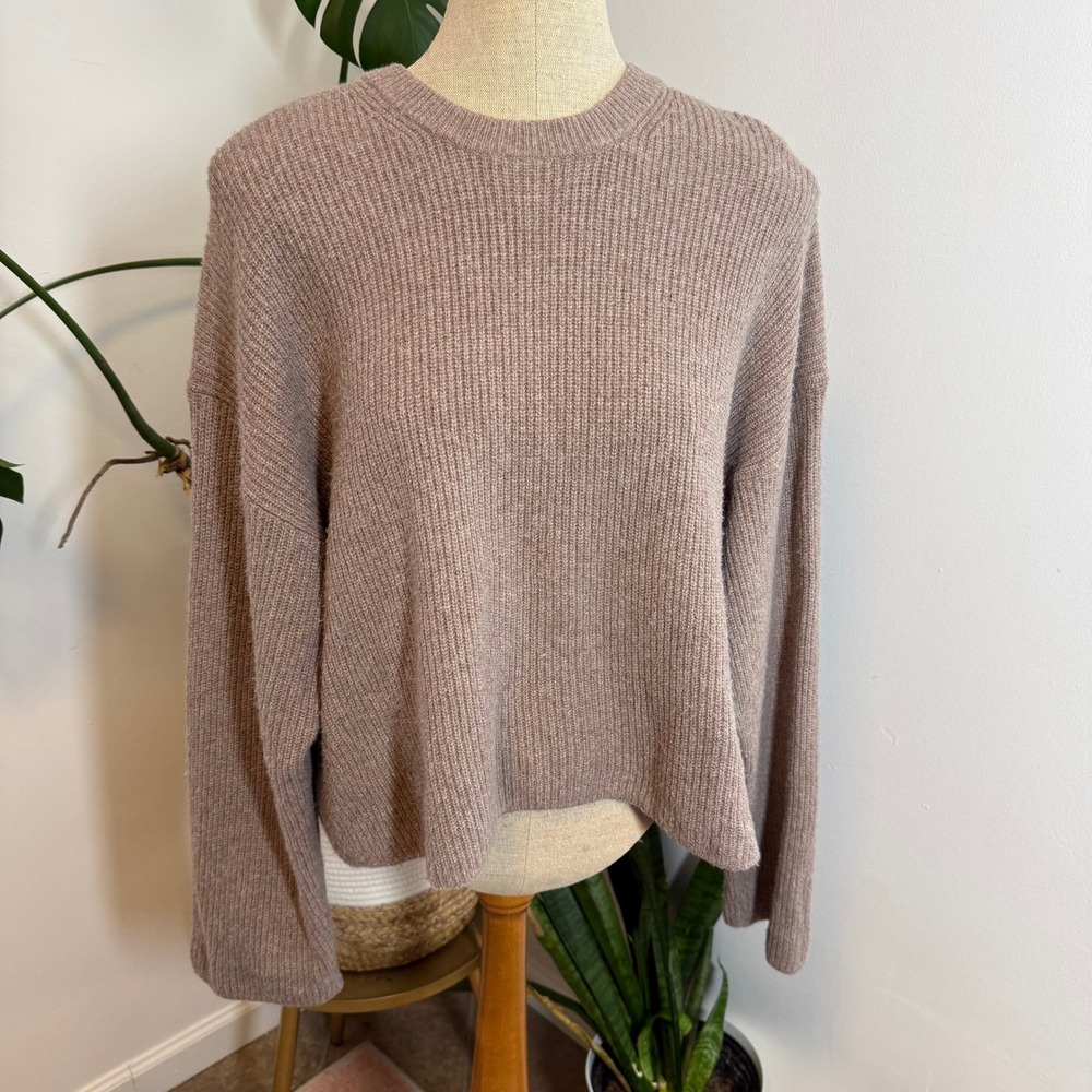 GAP Ribbed Crewneck Sweater Womens Large Taupe Brown Relaxed Knit Pullover